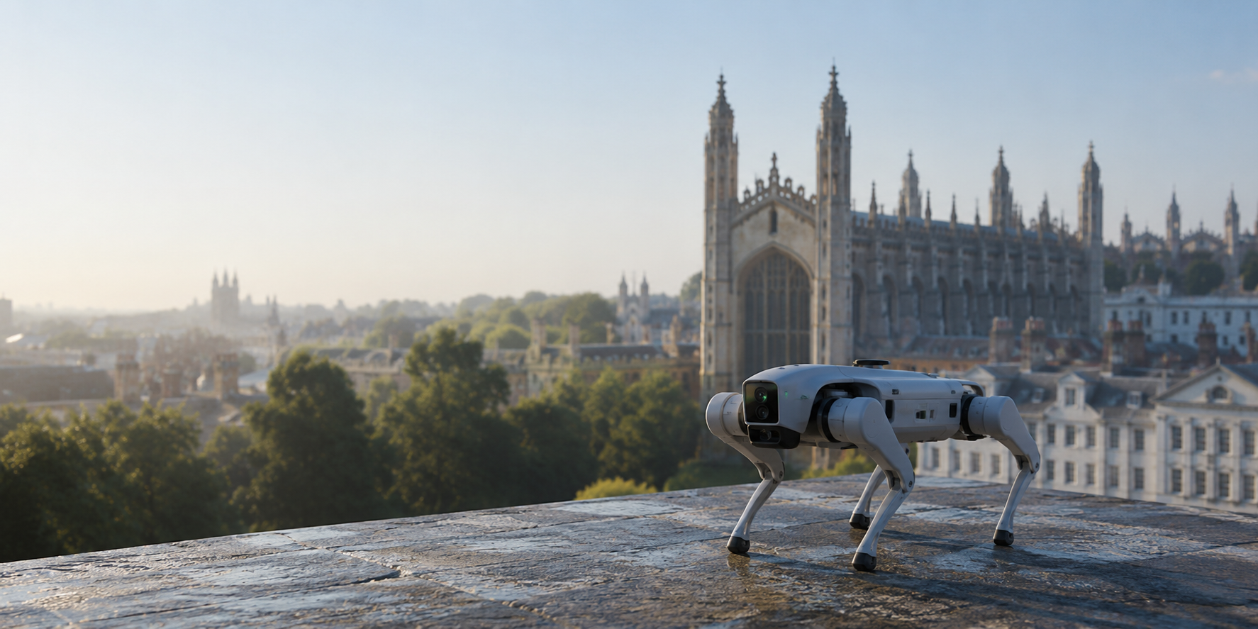 Legged robot on a Cambridge rooftop with King's College in the background